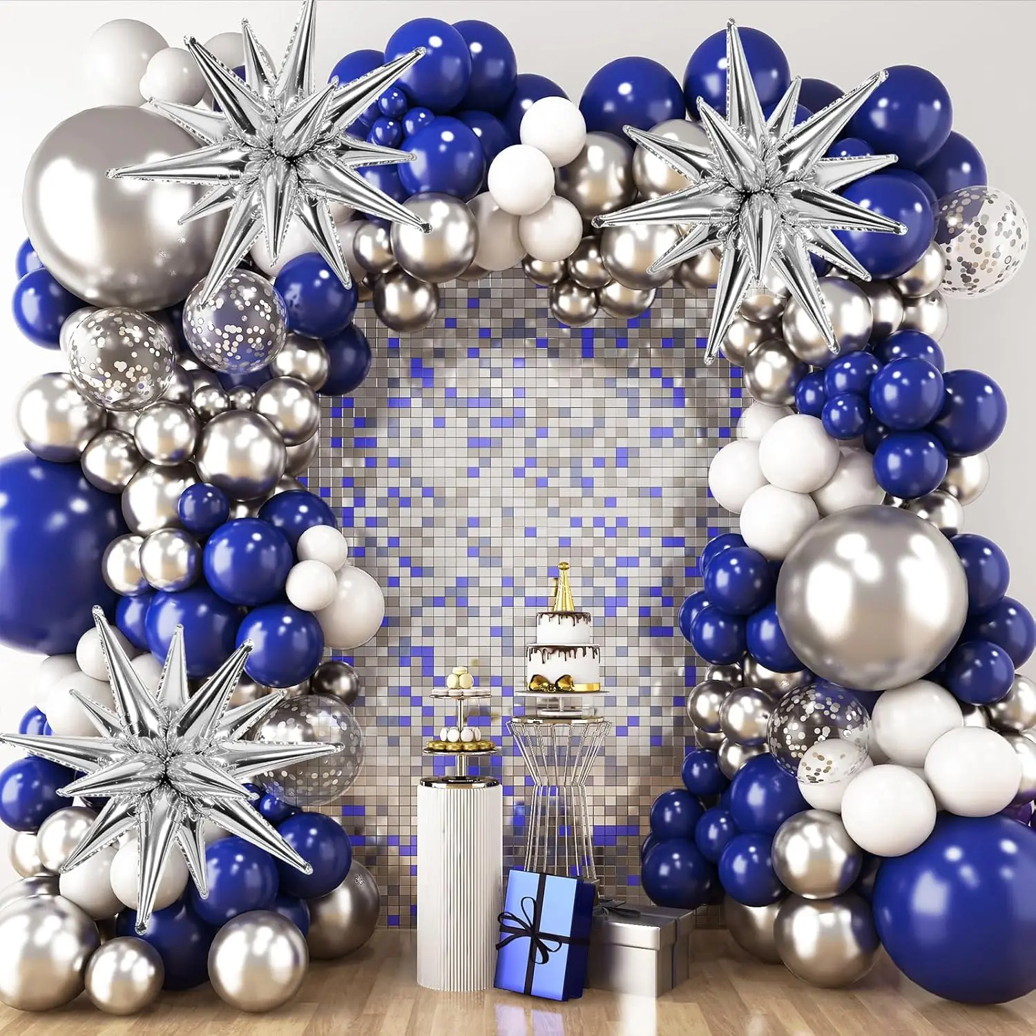 101Pcs Navy Blue Silver White Balloons Arch Kit Metallic Silver Balloons for Baby Birthday Wedding New Year Party Decorations