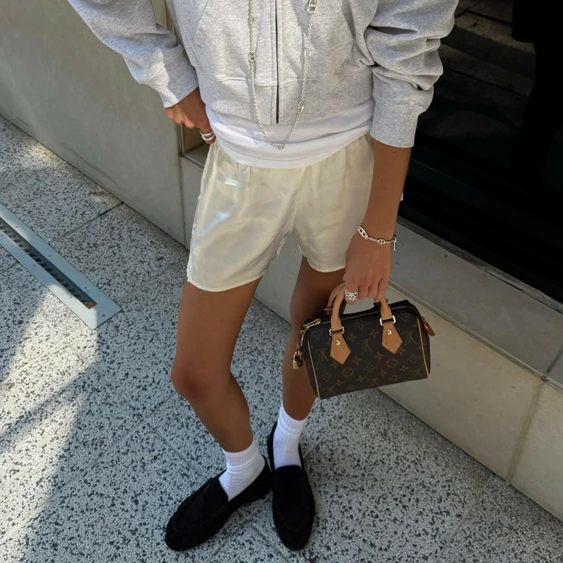 Combhasaki Women Summer Y2K Chic Satin Silky Shorts Trend Elastic Waist Side Floral Lace Hem Wide Leg Loungewear Going Out Pants