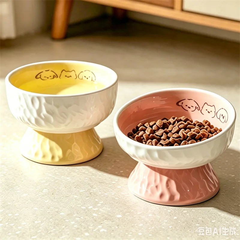 Raised Ceramic Cat Bowl Embossed Texture Anti Slip Pet Feeder Bowl Ergonomic Slanted Food Water Dish for Indoor Cats Puppies