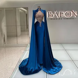 Msikoods Royal Blue Mermaid Evening Dresses Lace Crystals Satin Customized Formal Party Gowns With Cape Women Event Prom Dress