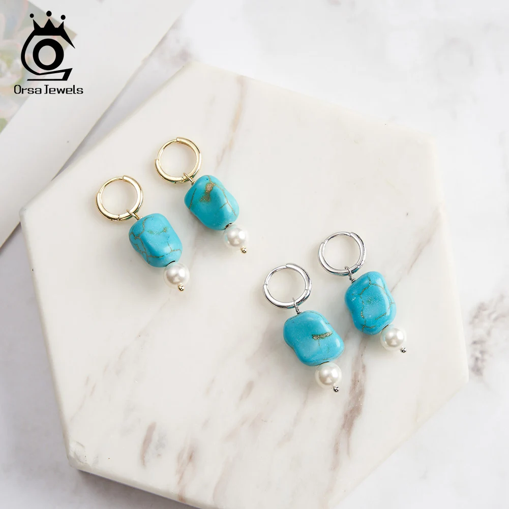 ORSA JEWELS 925 Sterling Silver Irregular Turquoise Pendnat Dangle Earrings for Women Pearl Earring Fashion Ear Jewelry GME50