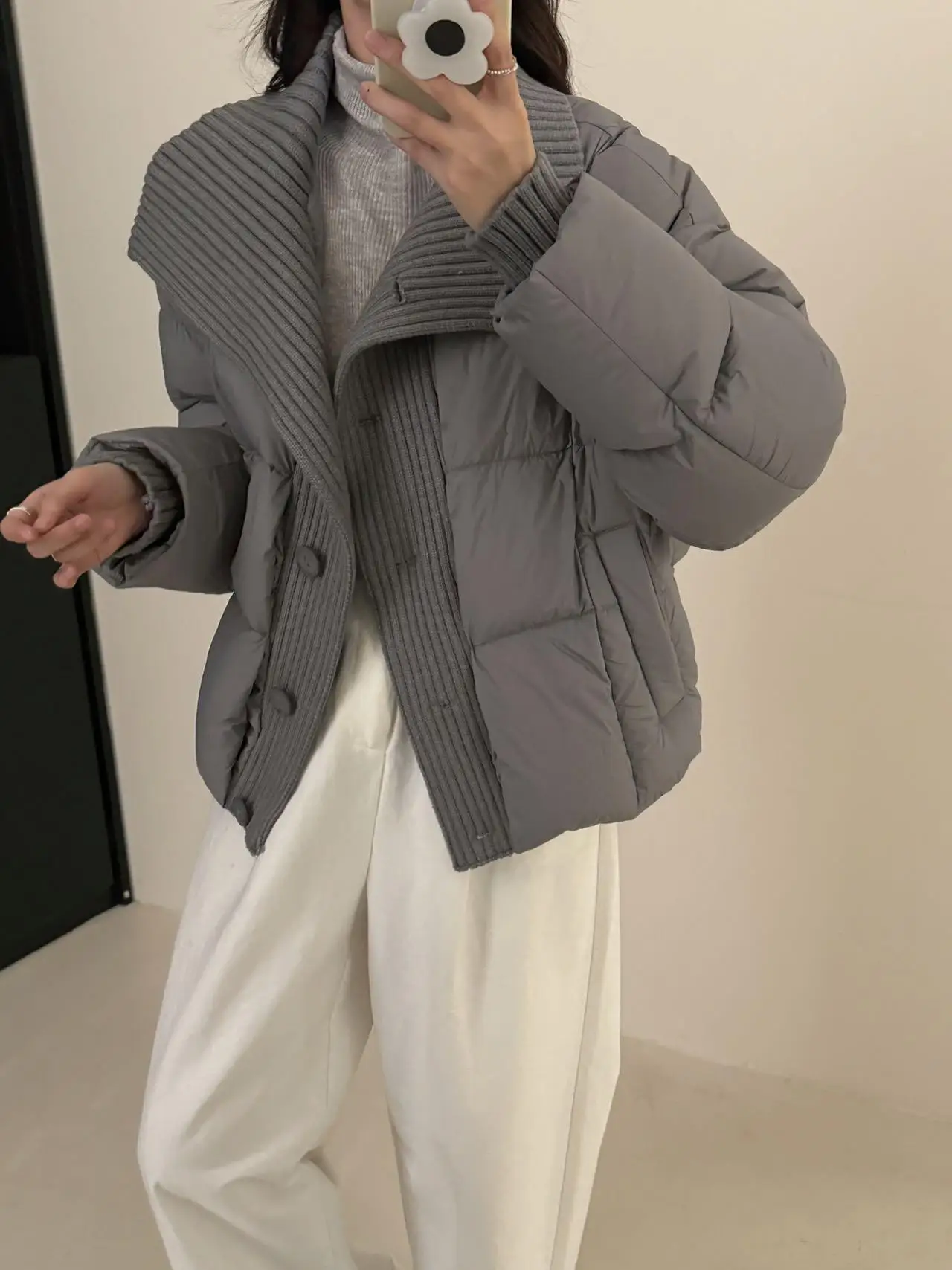 

Корейская зимняя женская куртка из хлопка с серыми вставками, утепленная, повседневная, свободного кроя, с длинными рукавами и воротником-стойкой