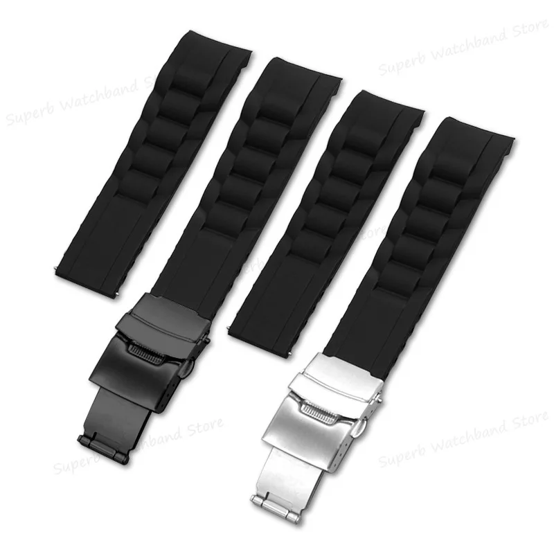 Universal Curved End Silicone Watch Band 16/18/20/22/24/26mm Soft Rubber Watch Strap Folding Buckle for Men Watch Replacement