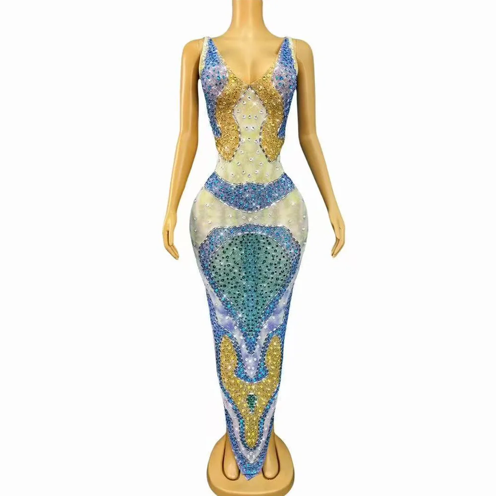 

Sexy Stage Twinkling Rhinestones Cultivation Mesh Dress Evening Celebrate Cocktail party Elegant Outfit Red carpet Stage Wear