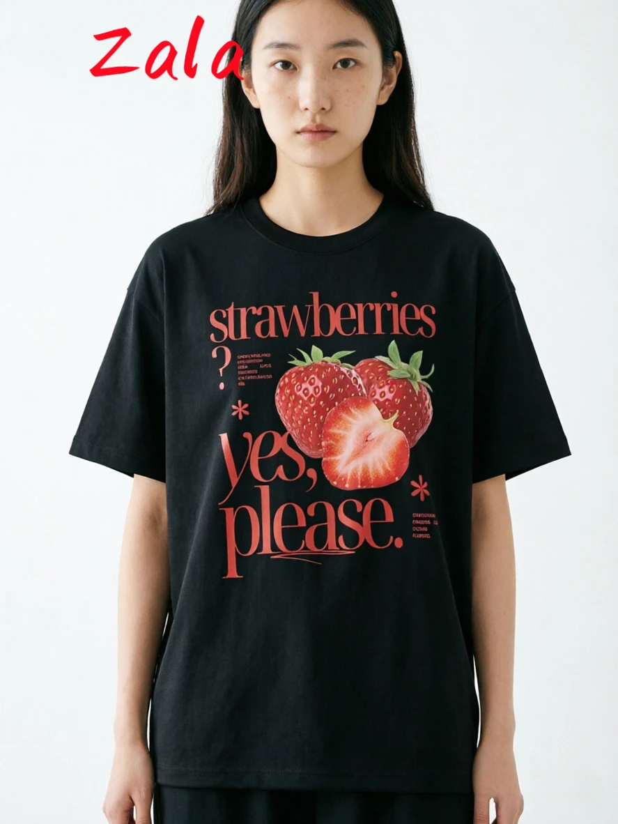 T-shirt Femme Imprimé Fraise Vintage Décontracté Été Col Rond Manches Courtes Haut Tee-shirt Vêtements Femme