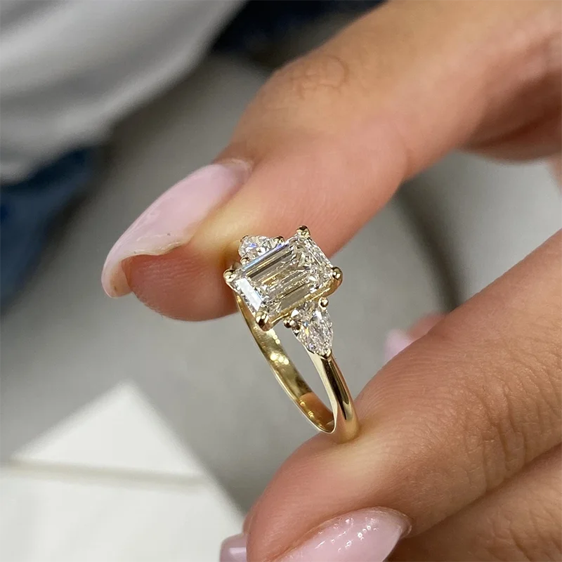 Solid 14k Yellow Gold Diamond Engagement Ring 1Ct Emerald Cut EF/VS Clarity Lab Grown Diamond IGI Certified Gift for Anniversary