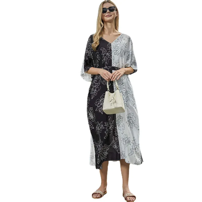 جديد أسود أبيض المرقعة المرأة Deach فستان بيكيني التستر طويل تونك عادية الصيف شاطئ الستر أنيقة ملابس للنساء