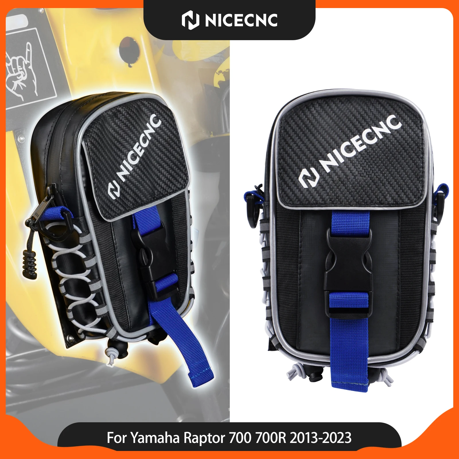 NICECNC For Yamaha Raptor 700 Raptor 700R 2016-2023 Fender Bag Waterproof Warning Tag Board Storage Bag 500D PVC ATV Accessories