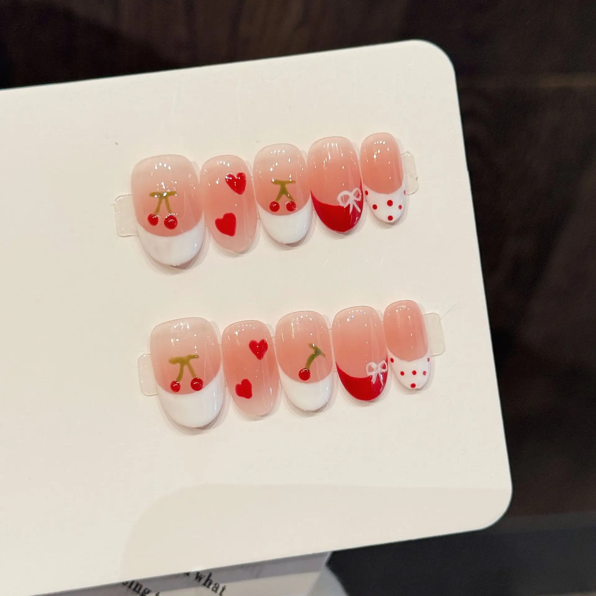 10pcs Handmade Fake Nails Short Oval Sweet Cherry Press On Nails False Nails French Skillful Girl Design
