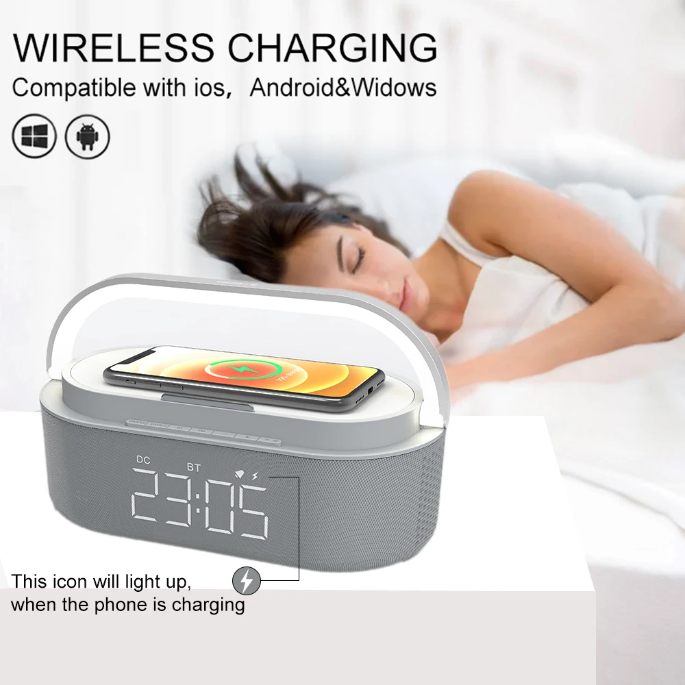 Portable Speaker Alarm Clock Wireless Charger FM Radio Table Lamp Picnic Out Dual Speakers Bluetooth 1500min Playtime for Home