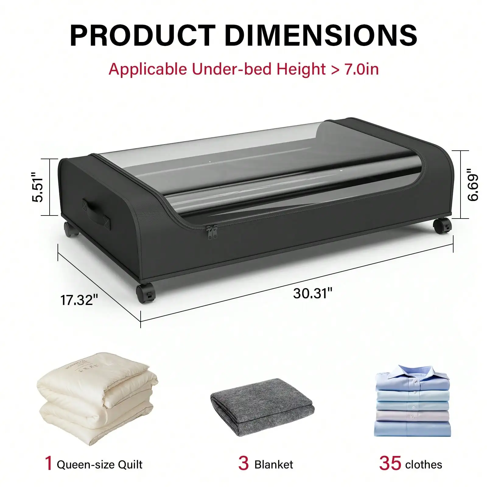 Underbed Storage Organizer With Wheels Clear Top Rolling Under Bed Storage Container Foldable Metal Frame Storage Bins With Handles For Clothes Shoes Blankets Bedroom Closet Dorm Home Organization Essentials view 2