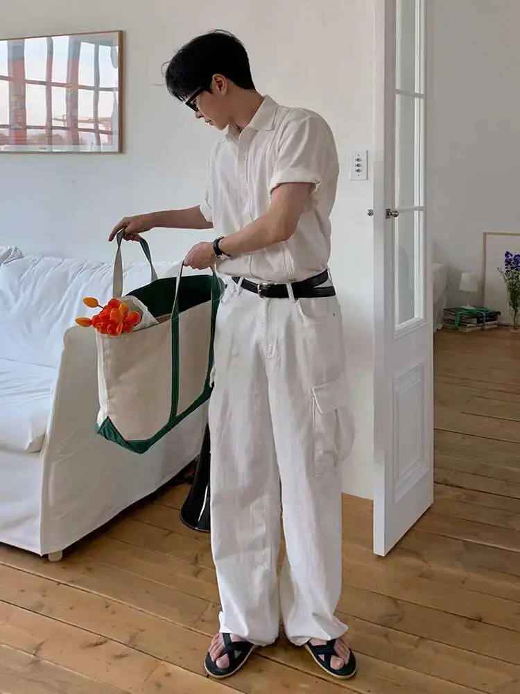 SYUHGFA Solid Color Men's Cargo Trousers Niche Design Straight American Style Loose Wide Leg Loose Male Pants New 2025 Summer