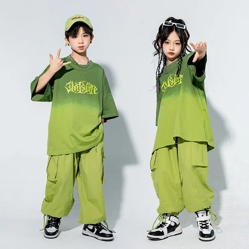 

Kid Kpop Hip Hop Clothing Gradient Oversized T Shirt Top Green Casual Jogger Cargo Pants for Girl Boy Jazz Dance Costume Clothes