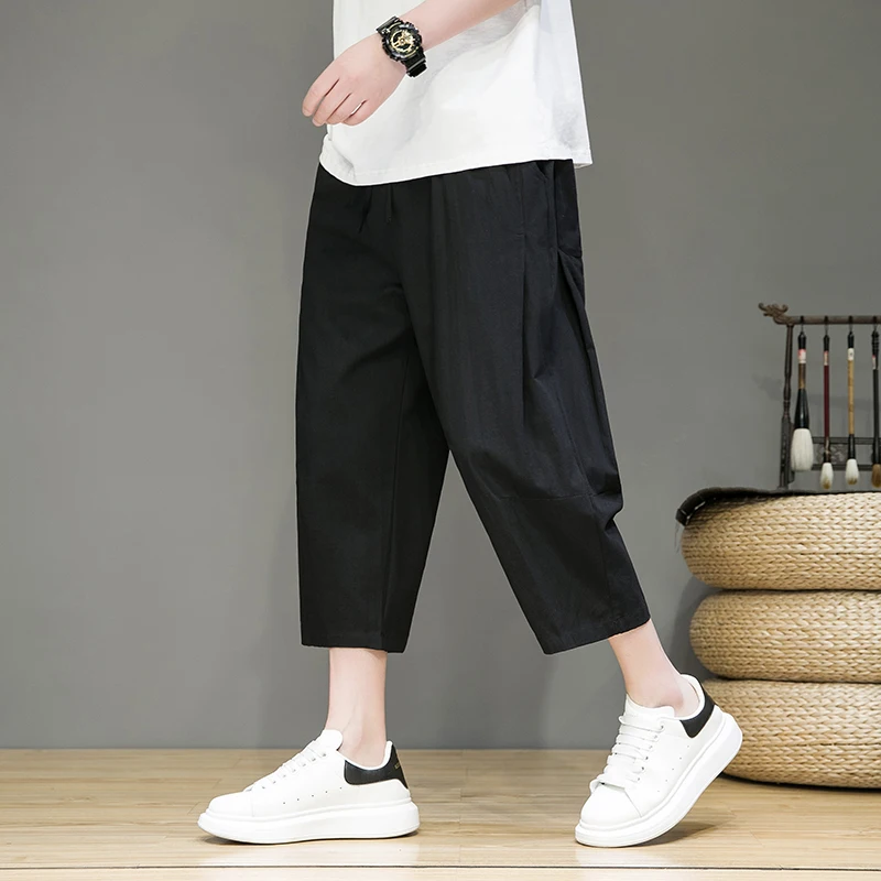 

Men's Cotton Linen Summer Thin Straight Leg Pants Loose Fit Casual orts Trendy Brand Street Sle Seven-Five Length