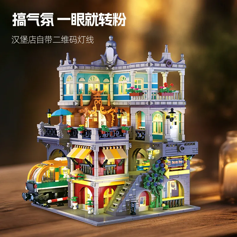 Bloques de construcción de arquitectura de escenso callejero creativo cafetería 3D DIY frutería ladrillos casa en el árbol modelo juguetes para niños regalo de Papá Noel
