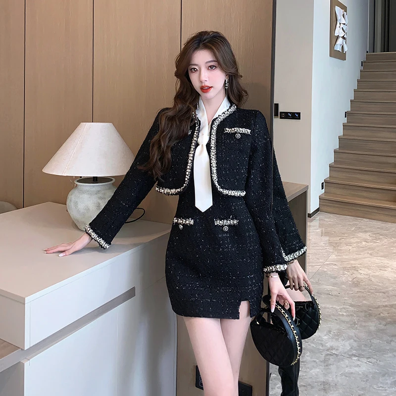 Tweed Autumn 2 Piece Set Women Short Jacket Coat & Bodycon Mini Spaghetti Strap Dress Set Two Piece Outfits Clothes for Women