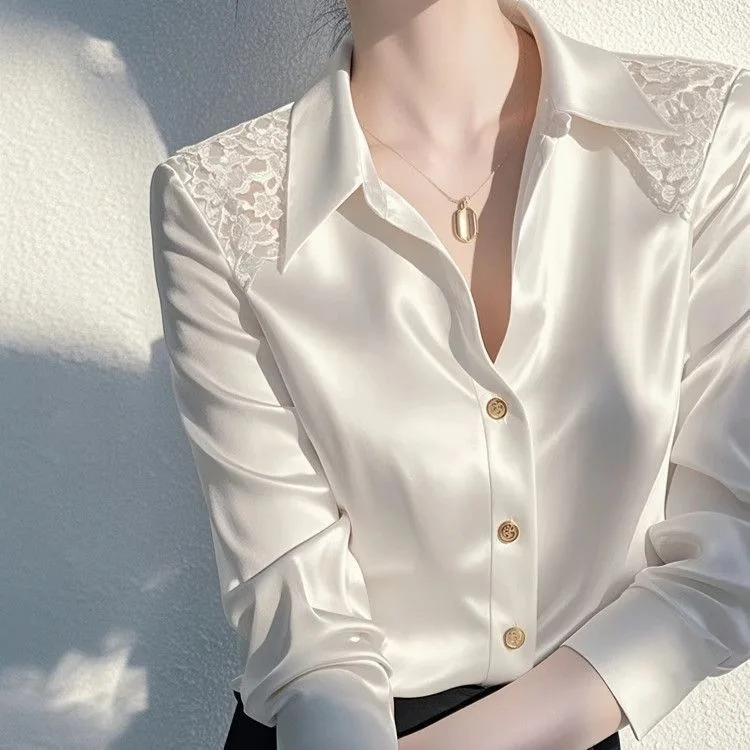 

Women's Satin Shirts Elegant Plain Long Sleeve Long Sleeve Shirts Office Lady Business Casual Blouse Spring Autumn Tops