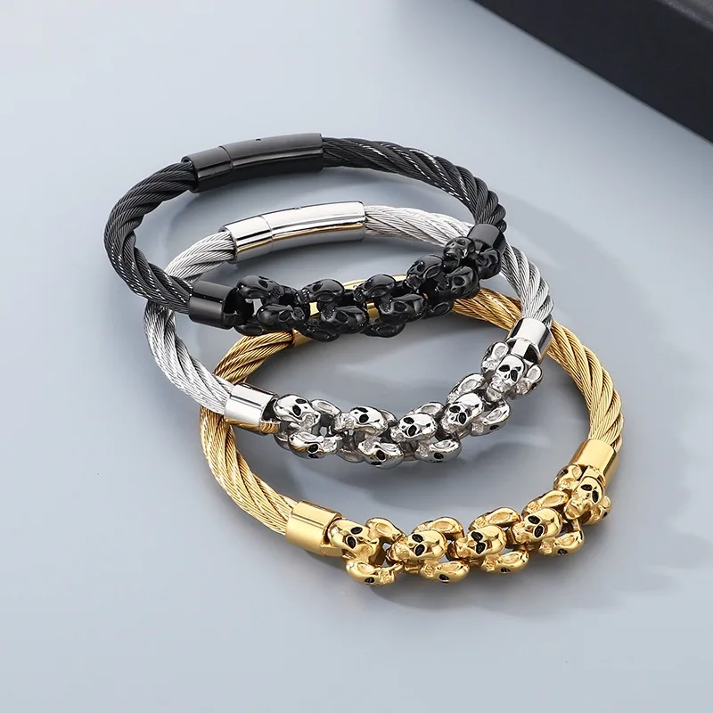 Men's Stainless Steel Bracelet Wire Skull Skeleton Spliced Chain Cuff Bangle 6mm 68mm Choose Color KB208291-KFC