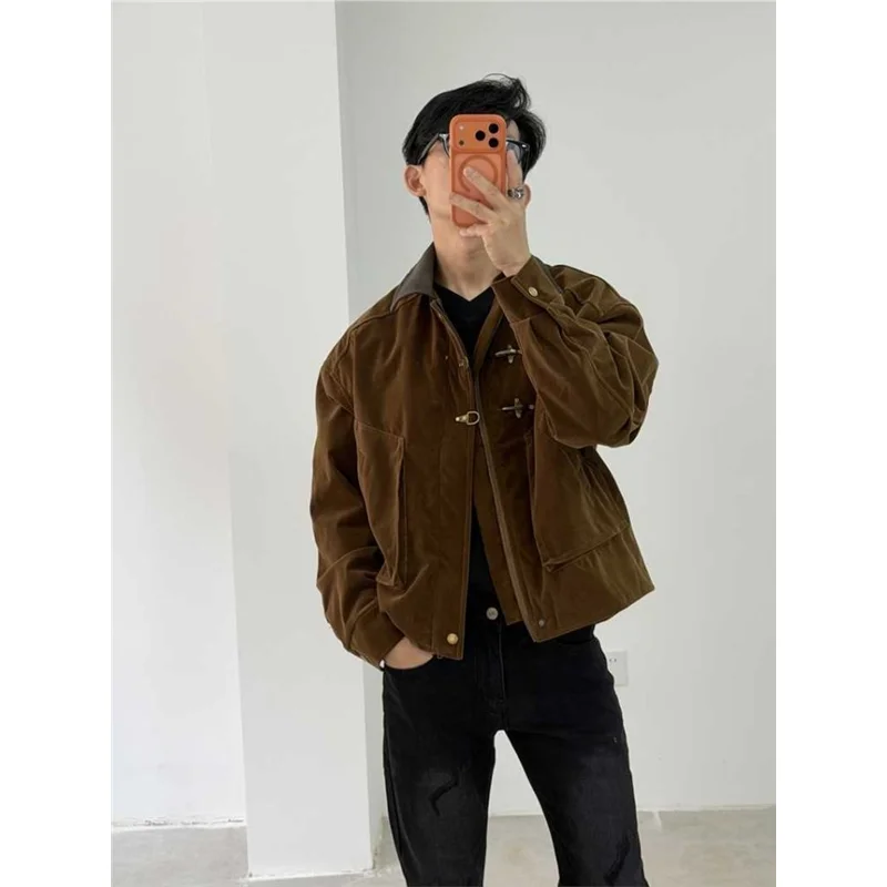 

Винтажная куртка из оленьего бархата в стиле Barn Sle с большими карманами и авиационным синим цветом, американская свободная куртка в стиле ретро для работы и отдыха