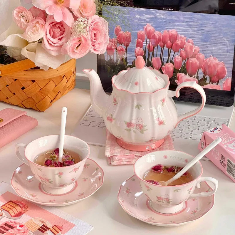 

Cute pink rose ceramic teapot set French afternoon tea cup saucer girl birthday tea set