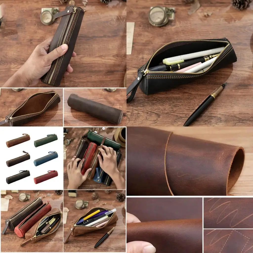 

Y5LB Genuine Leather Pen Case Zippered Pencil Pouches Spacious Storage Compartment For School Office Business Essential
