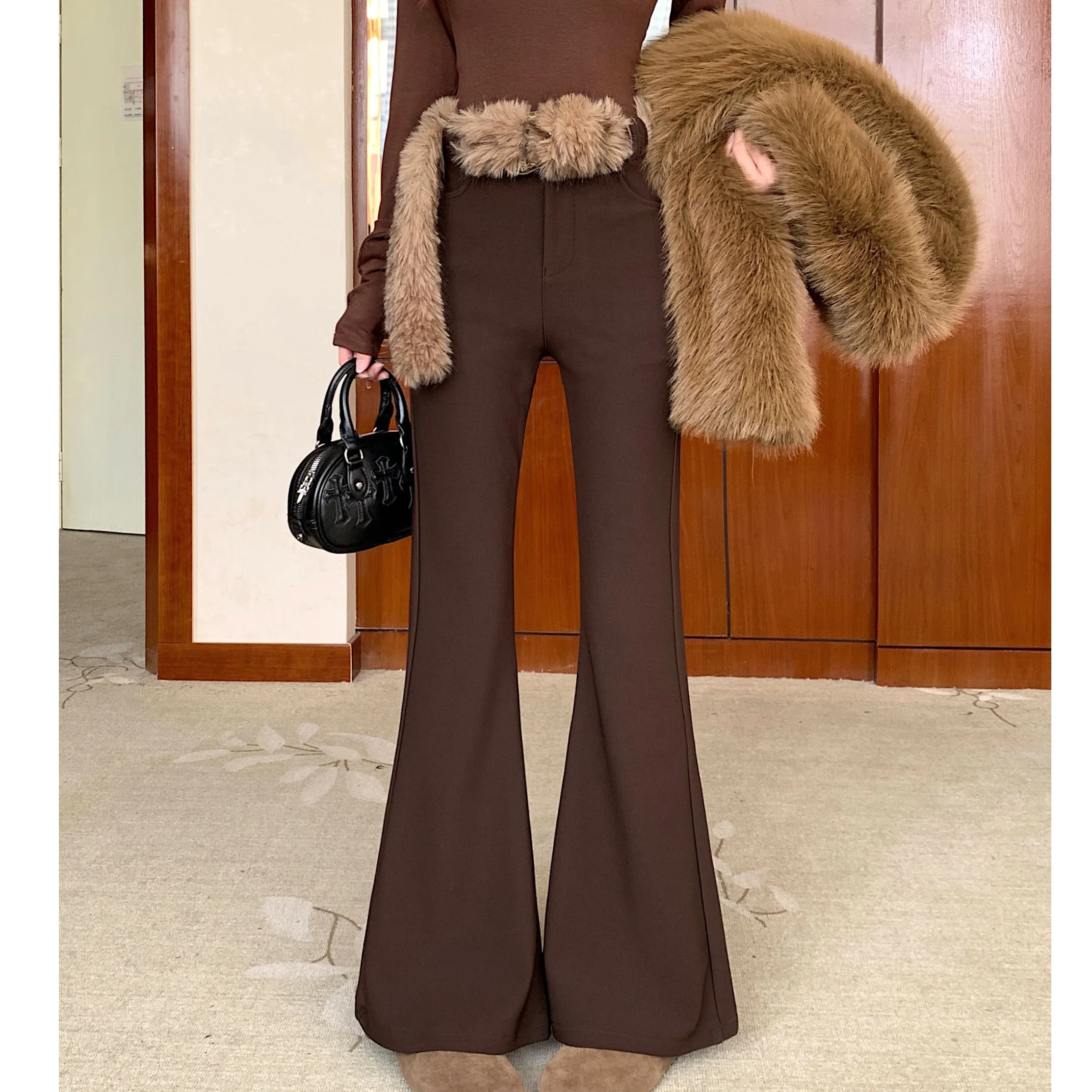 Frauen Hohe Taille Fce Gefüttert Thiened Herbst Winter Bell Bot Casual Hosen Abnehmen Micro Ausgestelltes Lange Hosen