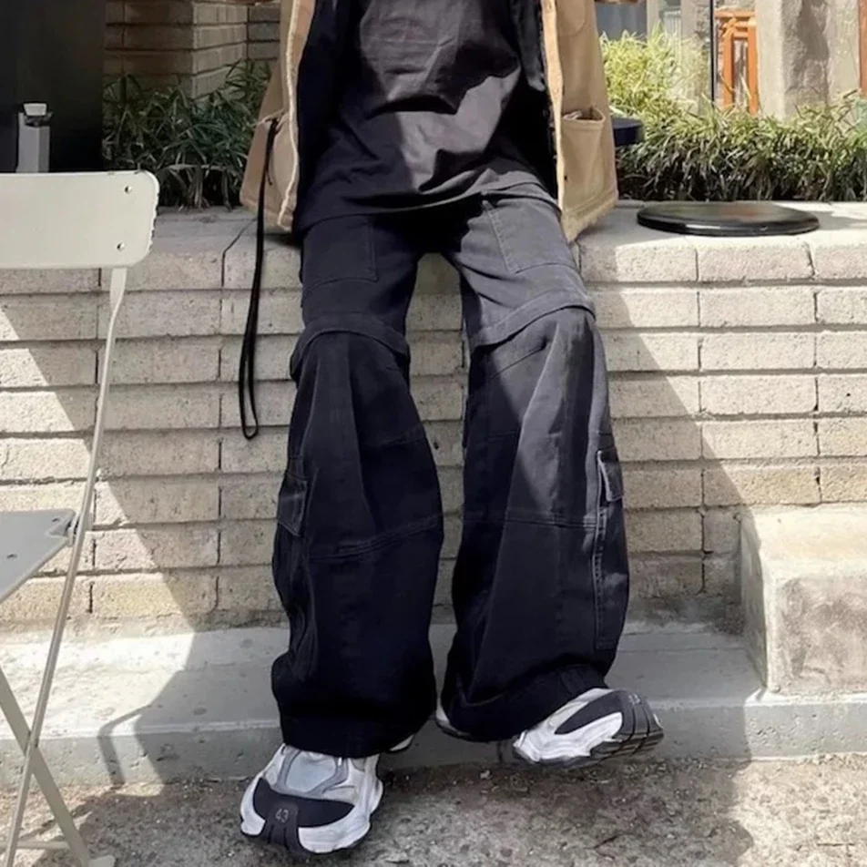 

Vintage Washed Detachable Flared Cargos Mens Straight Casual Baggy Overalls Oversized Streetwear Boot Cut Black Color Trousers