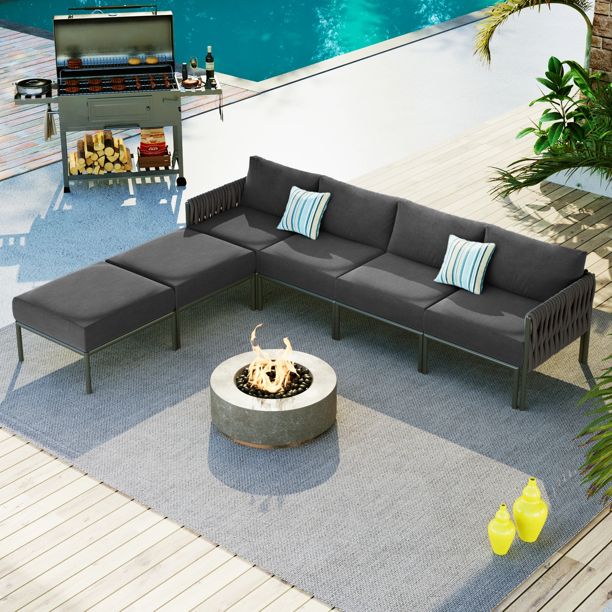 6-Pieces Aluminum Patio Furniture Set, Modern Metal Outdoor Conversation Set Sectional Sofa With Removable Olefin Extra Thick Cu