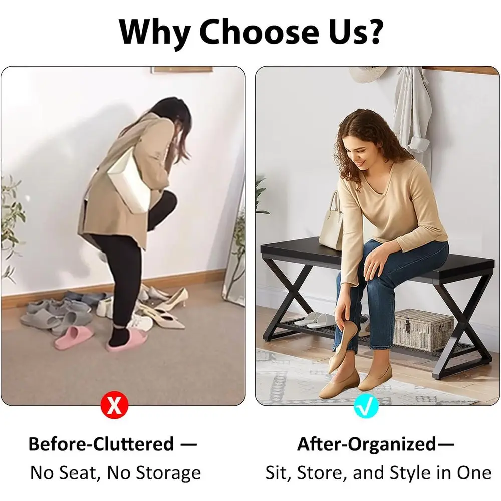 Banco de almacenamiento de madera y metal con zapatero para entrada, 47 asientos decorativos de roble negro para el hogar