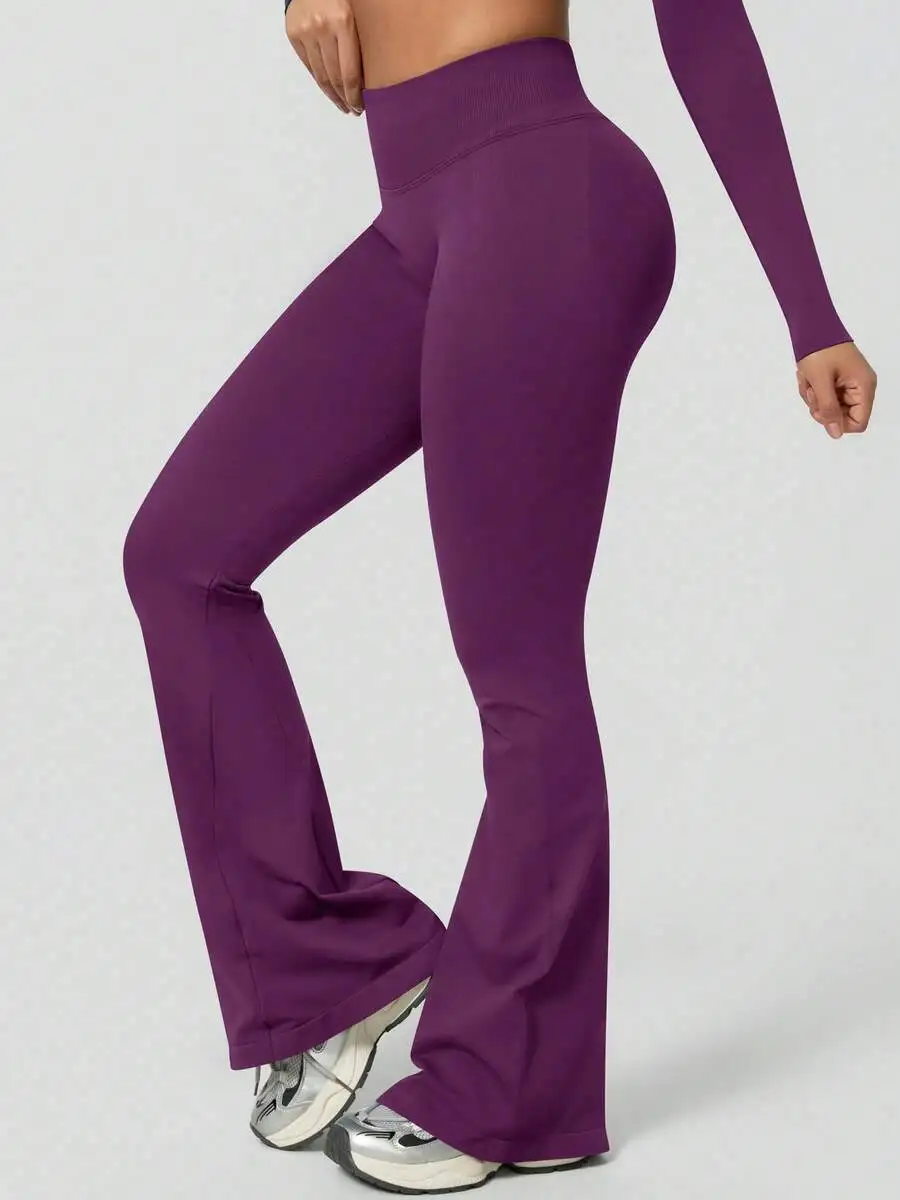 

Women Solid Color Seamless High Waist Elastic Butt Lifting Flared Sports Pants