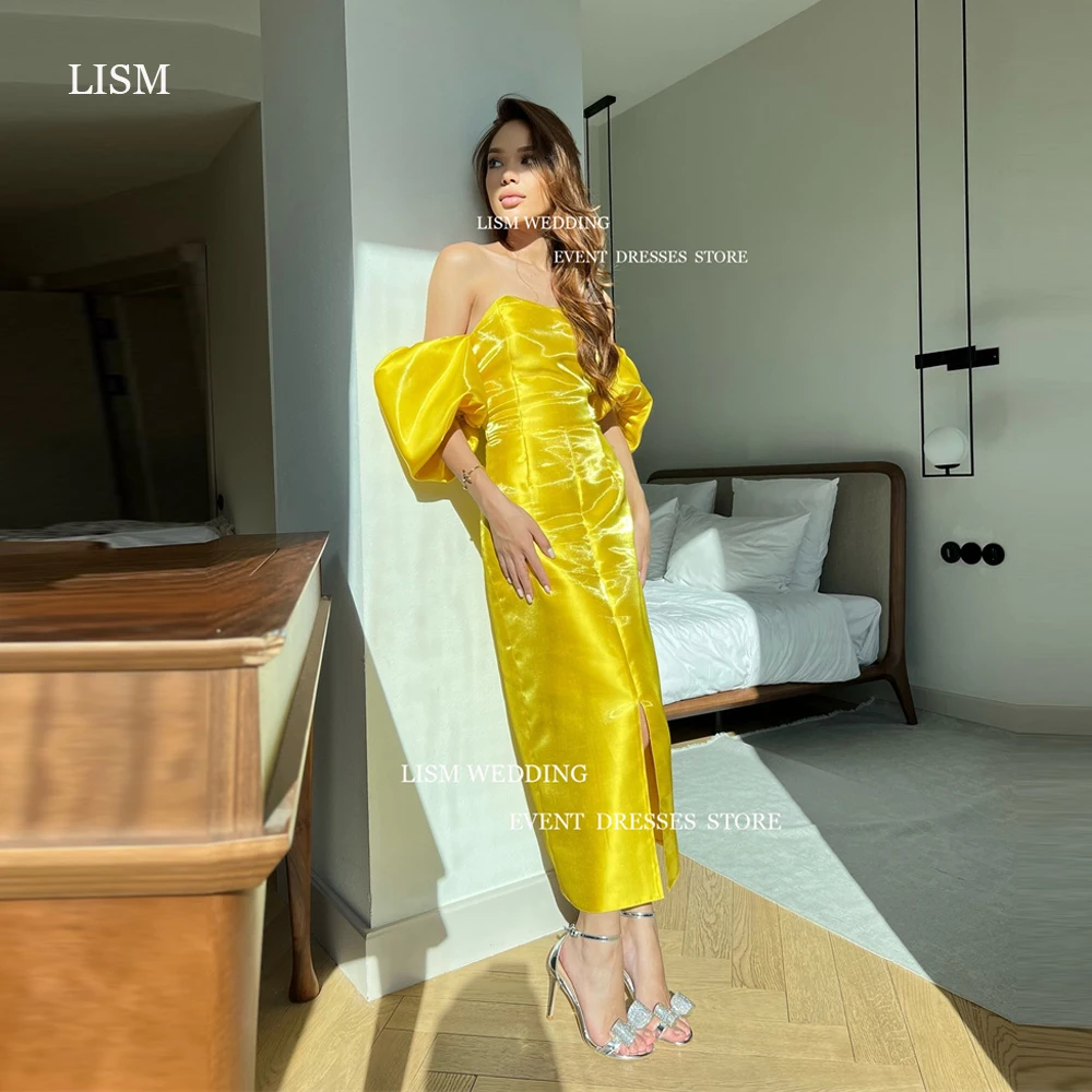 

LISM Shiny Gold Yellow Silk Evening Dresses Puff Short Sleeves Strapless Split Arabic Dubai Women Prom Gowns Formal Party Dress