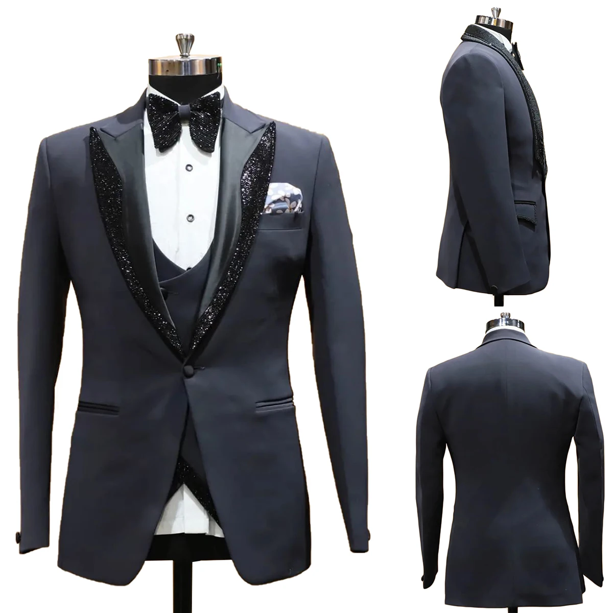 Trajes modernos para hombre, esmoquin brillante con solapa de pico, bolsillos de un botón, Blazer personalizado, chaleco, pantalones, diseñador de moda a medida, 3 piezas