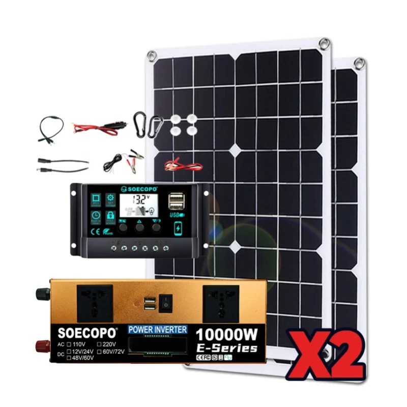 SOECOPO 10000W Komplettes Solarsystem-Kit, 2 Stück flexible Photovoltaik-Solarmodule + 1100W E-Series Wechselrichter + LCD-Laderegler, DC12V/24V zu AC220V, Polen Lokales Lager Schneller Versand für