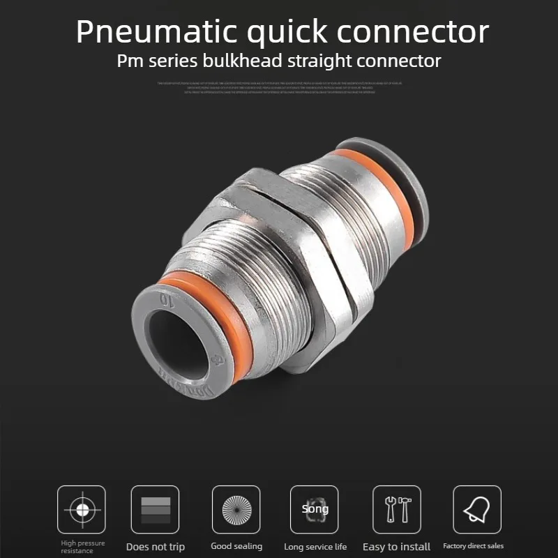 PM Pneumatic Bulkhead Push-in Fitting - Straight Through Quick Connector for Panel Mount
