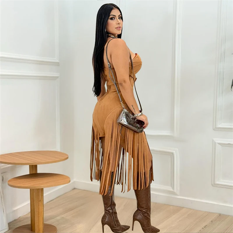 Vestidos Midi sexis sin mangas sin tirantes con dobladillo y borlas para mujer, vestido De noche ajustado con botones De Metal para vacaciones De verano, Vestidos De Fiesta