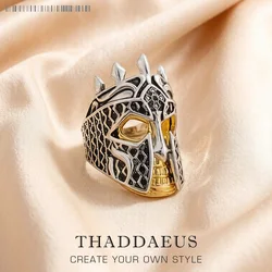 Yellow Gold Plated Ring Knight Helmet Fine Jewerly For Women Men Winter Brand New Vintage Gift In 925 Sterling Silver
