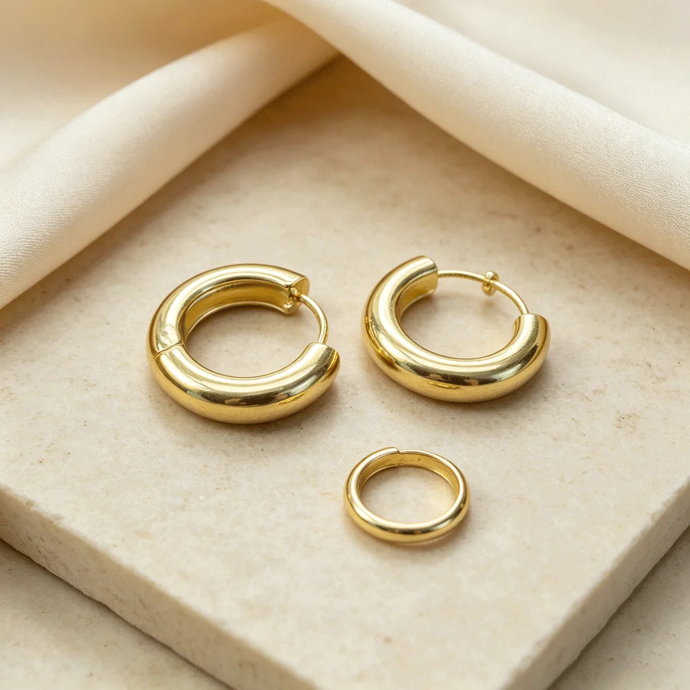 Gold & Silver Plated Smooth Chunky Round Hoop Earrings, Women's Daily Minimalist Stackable Party Wedding Jewelry Gift for Her view 6