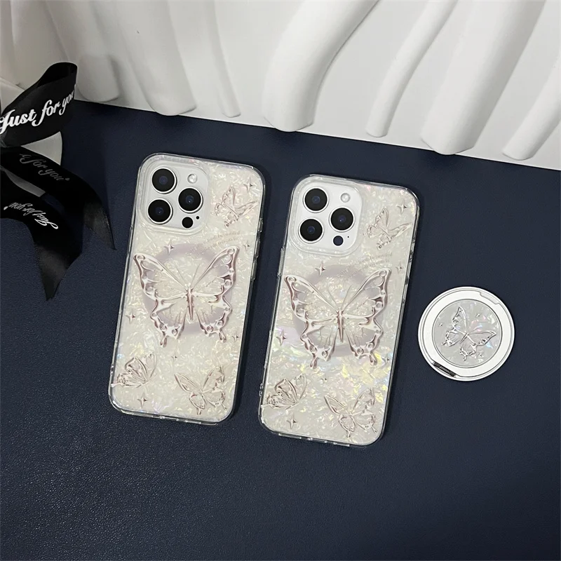 

Kawaii Star cute butterfly Phone Case For iPhone 16 Pro 12 14 13 15 11 Pro Max Cover Cute Ring Stand Cartoon Shockproof Cases 16