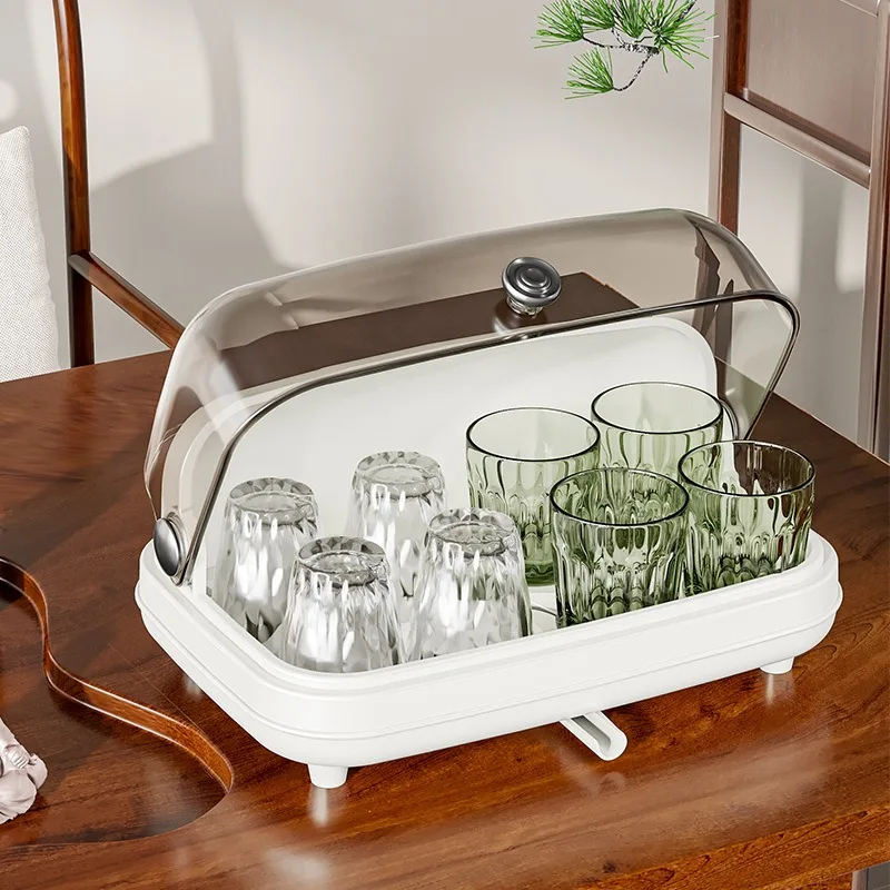 Tea Set Storage Box With Lid Dustproof Drain Desktop Water Cup Sorting Transparent Storage Rack