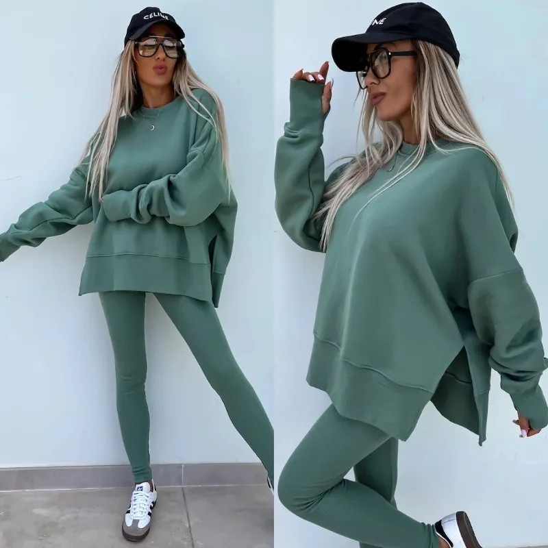 

Women's Two-piece Set Solid Color Casual Round Neck Long Sleeved Sweatshirt Leggings Sports Pant Sets