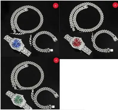 

Hip Hop 13.5MM 3PCS KIT Heavy Watch+Prong Cuban Necklace+Bracelet Bling Crystal AAA+ Iced Out Rhinestones Chains For Men Jewelry