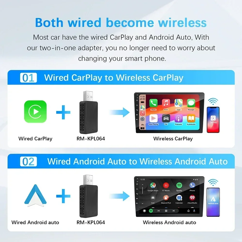 Adaptador Carplay sem fio para Android Auto, Mini Caixa Inteligente, Dongle Plug and Play, WiFi, Conexão Rápida, Caixa AI do carro, 2 em 1