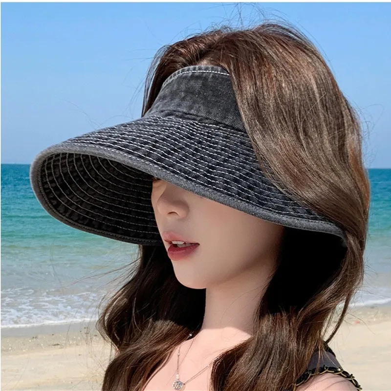 Summer Washed Denim Empty Hat Casual Sun Hat With Windproof Thread Big Brim Caps for Ladies