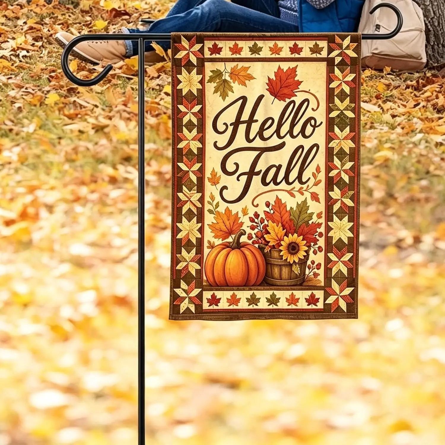 Hello Fall 12x18 Double Sided Quilted Pumpkin Sunflower Maple Garden Flag yyi