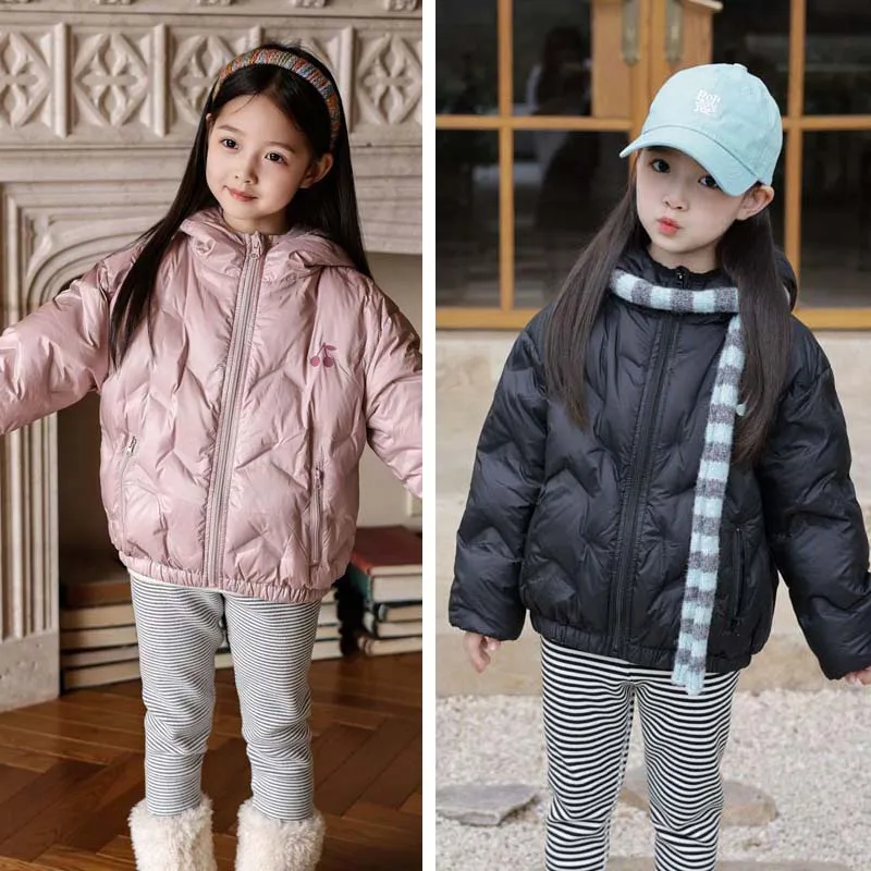 

Per-sale 2025 Autumn Winter Girls White Duck Down Cherry Hooded Lightweight Down Jacket Baby Boy Warm Down Coat Solid Color Coat