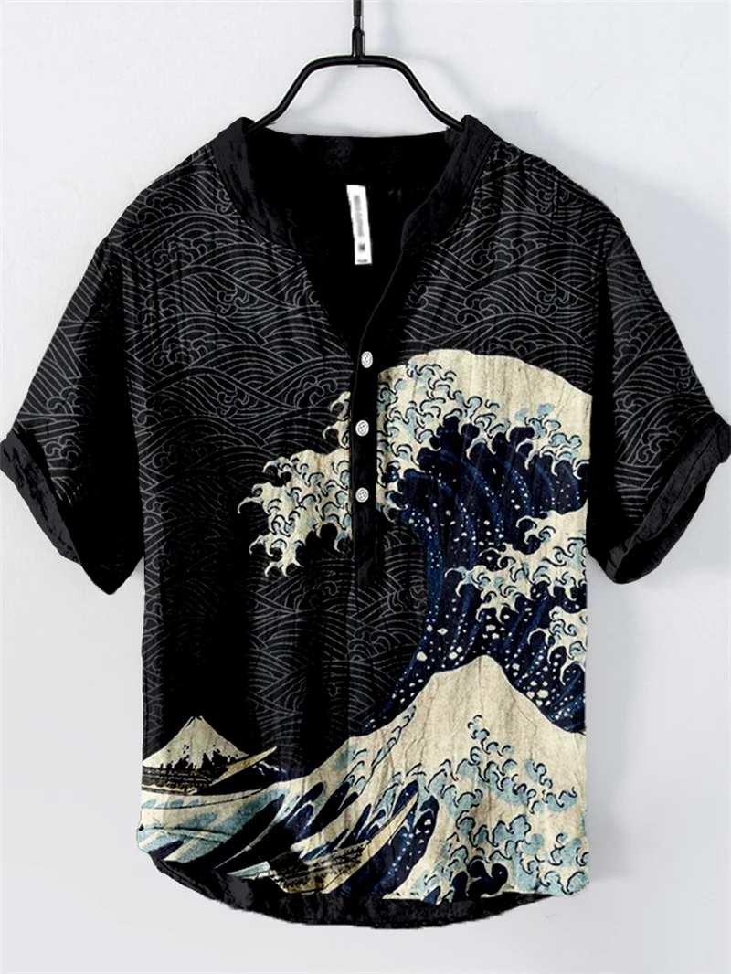 

Cross-border linen stand-up collar new 3D printing heat transfer wave shirt landscape painting men's stand-up collar short-sleev