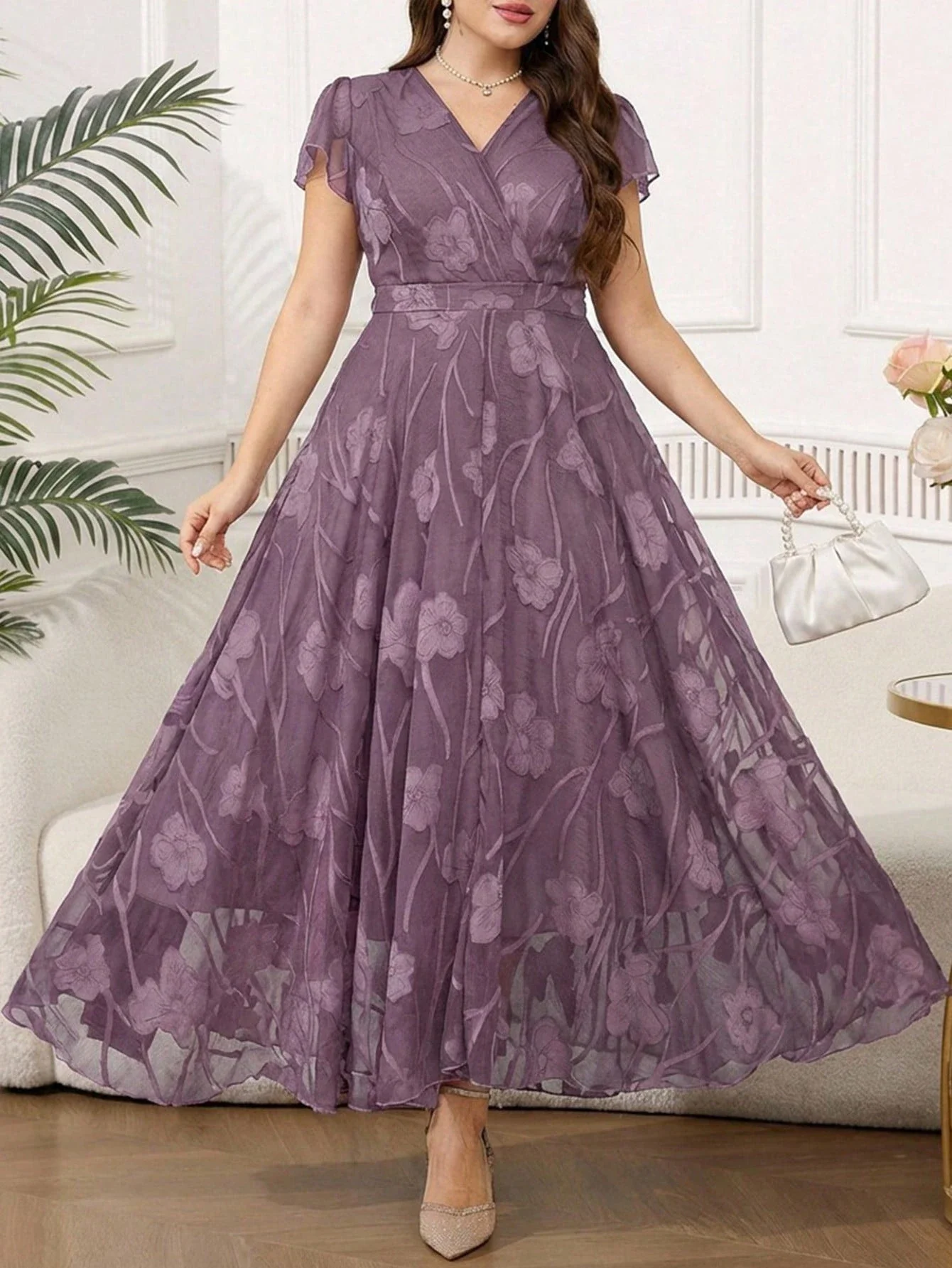 

Elegant Floral Print Wrap Dress For Women Floor Length Purple