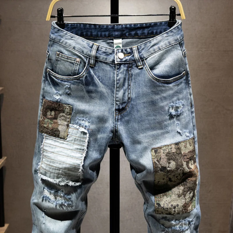 Street Designer Fashion Men Jeans Retro Blue Stretch Slim Fit Embroidery Patched Ripped Jeans Men Hip Hop Vintage Denim Pants