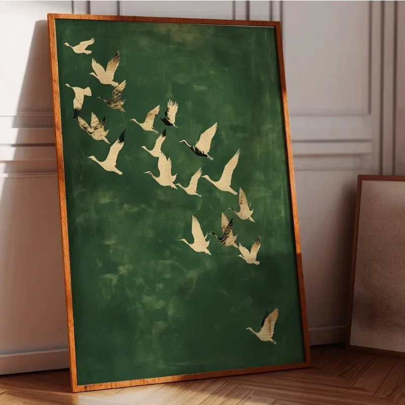 1pc frameless Canvas Painting Modern Egret Japanese Large Bird Poster Emerald Green Cranes Artwork Canvas Painting Wall Art for
