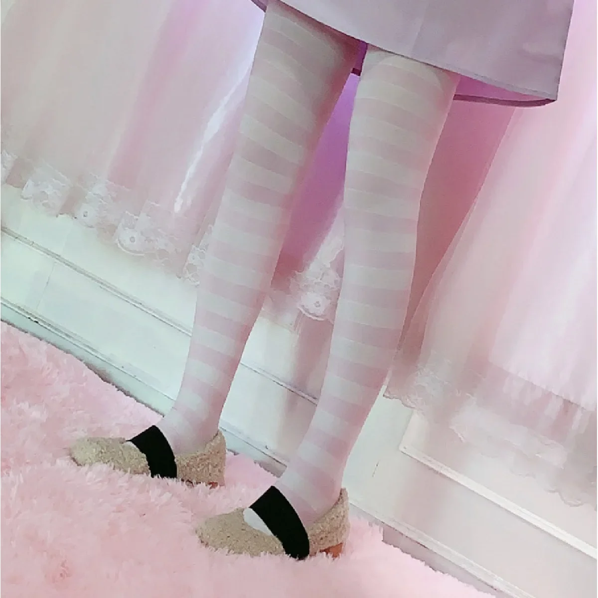 

1 Pair of Lady's Tall and Long Stockings Cos Stockings with Blue and White Stripes Are 80cm High